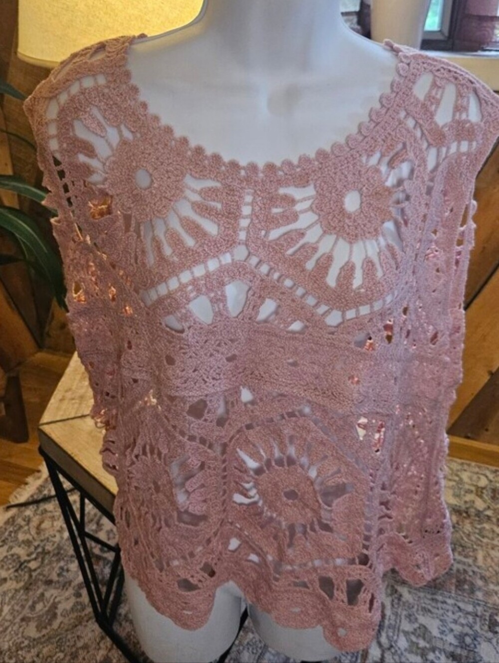 POL Dusty Rose Crochet Lace Knit Vest Top One Size Boho Cottagecore Festival - Picture 2 of 9